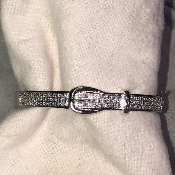 DIAMONDS Solid STERLING SILVER Bangle Bracelet Buckle design locking clasp - Picture 8 of 16